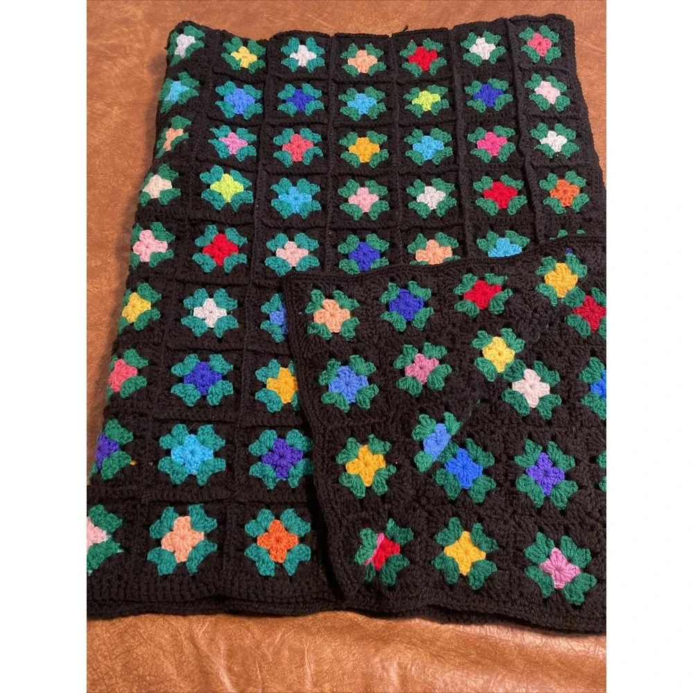 Vtg Square Black Afghan 69